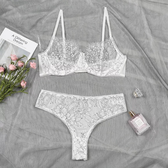 White Lace Floral Embroidered Lingerie Bra Set - Picture 8 of 16